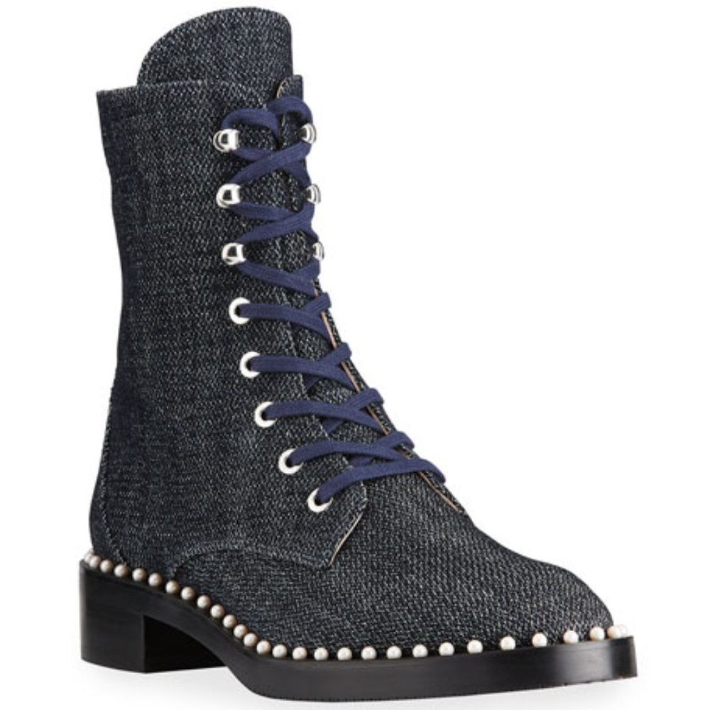 Stuart Weitzman Sondra Pearly Stud Denim Combat Boots